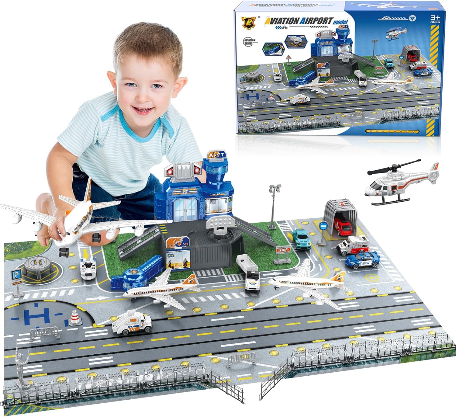 Model Airplane Plastic - Flughafen-Spielset für Kinder mit Auto, Hubschrauber,