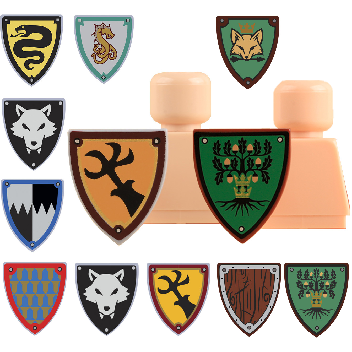 Lego Minifigure Holder - MOC Mittelalterliche Ritter Schwarze Wolfschilde Bausteine